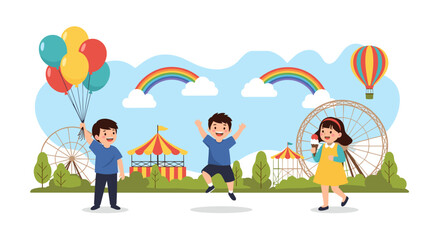 Fototapeta premium Children enjoying a fun day at a colorful amusement park filled with rides and balloons.