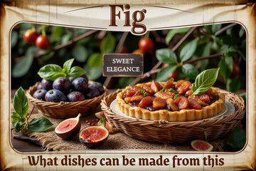 Fig tart and figs in wicker baskets, rustic still life, Sweet Elegance-