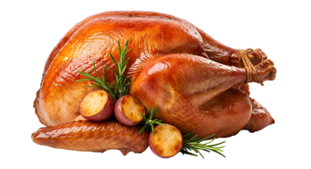 A delicious roasted turkey with herbs and potatoes, isolated on a transparent background, perfect for holiday feasts and culinary presentations