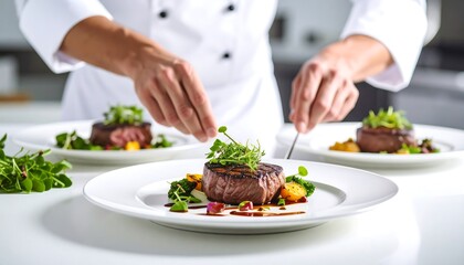 Chef Plating Gourmet Steak Dishes with Fresh Greens  Vegetables in Modern Kitchen.