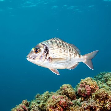 Diplodus sargus fish swimming in the Mediterranean Sea near coral reef.