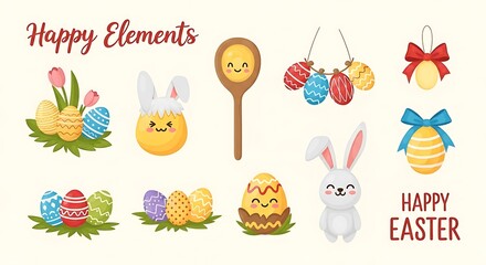 Happy Easter Elements - Cute Bunny, Eggs, and Spring Decorations.