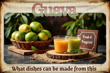 Guavas, juice, and jam on rustic board, Fresh & Fragrant-