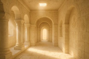 Sunbeam illuminating an ancient stone corridor with arched hallways old architectural interior