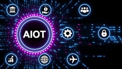 AIOT concept with glowing neon circle and interconnected technology icons on dark background