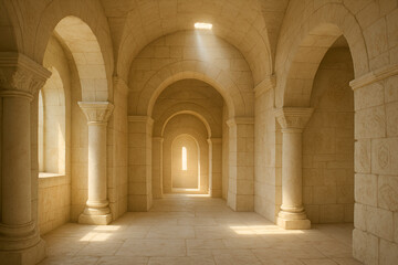 Obraz premium Sunlit ancient temple interior with stone arches and warm golden light 