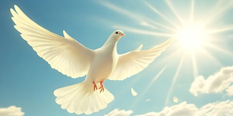Fototapeta premium Dove soaring in bright sunlight, symbolizing peace
