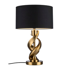 Elegant table lamp with black shade and golden, swirling base. Dark background