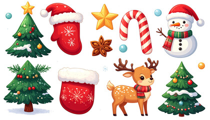 Whimsical Christmas cheer sparkles with a festive tree, smiling snowman, reindeer, candy cane, star and cozy mittens perfect for holiday projects