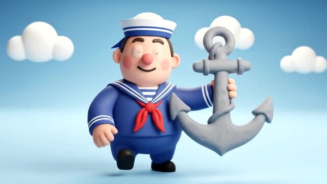 Cheerful sailor character holding an anchor against a blue sky with clouds, perfect for nautical themes
