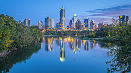 A vibrant city skyline reflects on calm water under a twilight sky with greenery