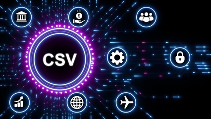 CSV file format concept illustrated with glowing neon circle and digital network icons comma separated values