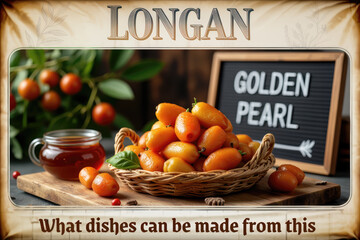 Longans in a basket with jam and tea, GoldenPearl branding -