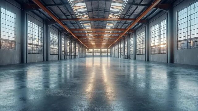 Bright spacious industrial-style interior with large glass windows and polished concrete floors in