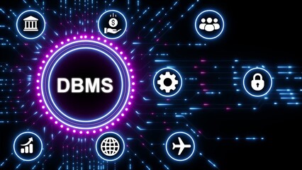 Database management system DBMS concept with glowing neon circle and digital network icons
