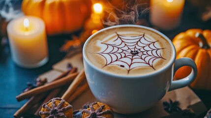 Flat lay composition of coffee with spider's net latte art on a table. Halloween celebration