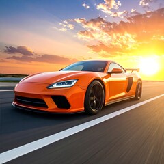 Obraz premium Orange sports car speeding on a highway during sunset