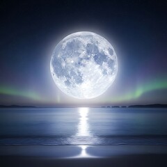 Moonlit Ocean - A Serene Nightscape with Aurora Borealis Reflections.