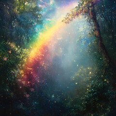 Rainbow in a Peaceful Forest, Rainbow Over Forest, Magical Forest with Rainbow, Forest Scene with Rainbow, Nature's Rainbow After Rain, Colorful Rainbow in the Woods, Peaceful Forest with Rainbow Arch