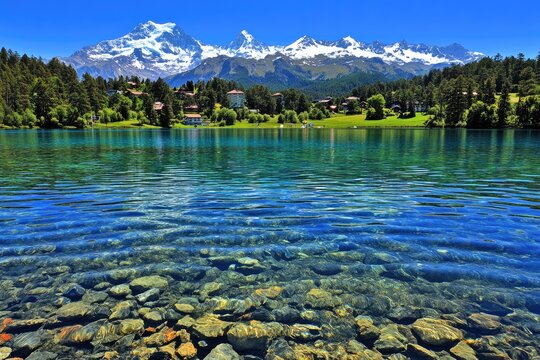 Alpine lake, crystal-clear water, snow-capped peaks, village nestled on shore