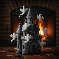 halloween witch flying over the castle