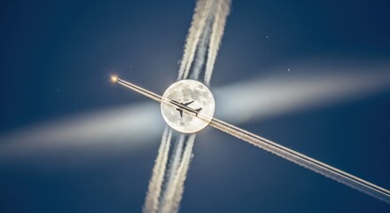 Airplane Crossing Full Moon Leaving Contrails Across Sky Background