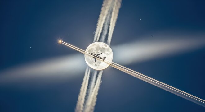 Airplane Crossing Full Moon Leaving Contrails Across Sky Background