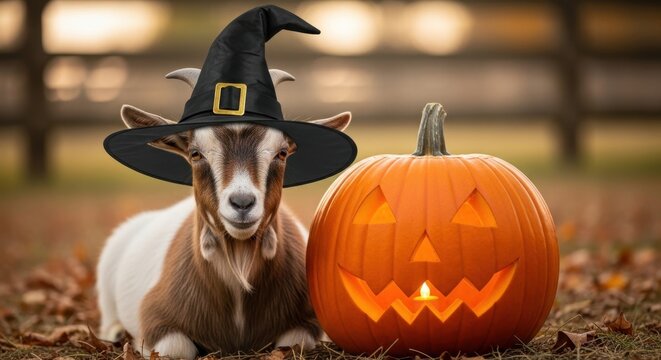 A Curious Goat Dressed as a Witch Beside a Jack-o-Lantern on a Fall Day