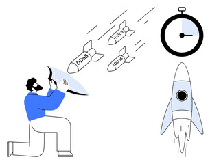 Person defends against incoming DDoS attacks with a shield, rocket represents progress, stopwatch symbolizes urgency. Ideal for cybersecurity, defense, technology, threats, progress, speed