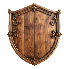 A wooden shield with decorative swirls and accents, showcasing vertical wood grain