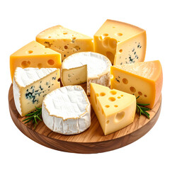 Assortment of cheeses displayed on a wooden board, showcasing different textures and styles