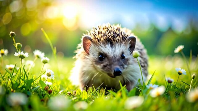 Adorable Hedgehog Exploring a Sunny Meadow in Springtime.