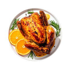 Overhead view of a roasted whole bird on a white plate, orange slices, rosemary garnish