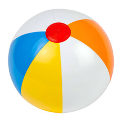 A vibrant, multi-colored inflated ball with segmented panels of blue, yellow, orange, and white