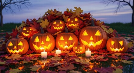 Spooky Halloween Pumpkins Glow in the Autumn Night Surrounded by Fallen Leaves