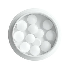 Top-down view of a white, cylindrical container filled with spherical, white tablets