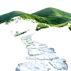 A stone path winds toward green grassy hills, leading into the distance