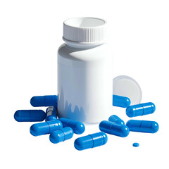 White pill bottle with blue capsules spilling out; the lid is off to the side
