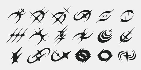 Retro futuristic y2k geometry design elements collection, Set with different Y2k elements for design.Trendy geometric brutalism forms. Symbols and frames y2k style in White Background.