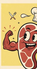 Cartoon Steak Character with Chef Hat and Muscular Arm.