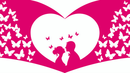 Romantic silhouette of couple in love surrounded by butterflies within a heart shape, perfect for Valentine's Day greeting cards and wedding invitations