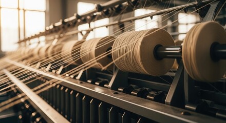 Close-up of Textile Manufacturing Equipment with Yarn Spools, Weaving Threads, and Industrial Machinery, Conveyor System