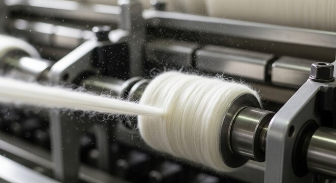 Close up view of white textile thread being spun on industrial loom machine, creating yarn for woven fabric product manufacturing, textile industry process