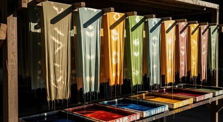 Obraz premium Colorful Hand-Dyed Batik Fabric Hanging to Dry Over Dyeing Troughs in a Workshop, Artisan Textile Production