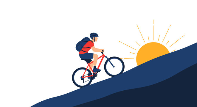 Mountain Biking Adventure, Cyclist, Scenic Hills, Illustration, Sunrise, Perspective, Outdoor Challenge