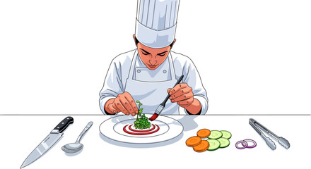 Chef Plating Gourmet Dish in Modern Kitchen Illustration