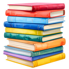 A tall, colorful stack of various hardback books, overlapping and angled against a black background
