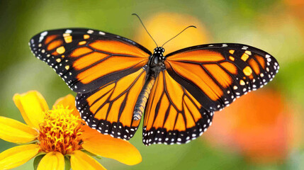 Fototapeta premium Vivid Monarch butterfly with orange, black, and white patterns perched on a yellow flower