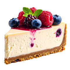 Slice of creamy cheesecake topped with assorted berries and mint leaves