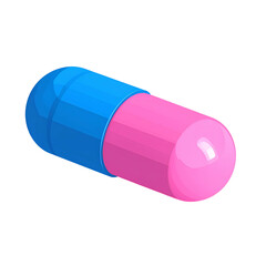 A cartoon depiction of a blue and pink capsule, a healthcare or medical symbol